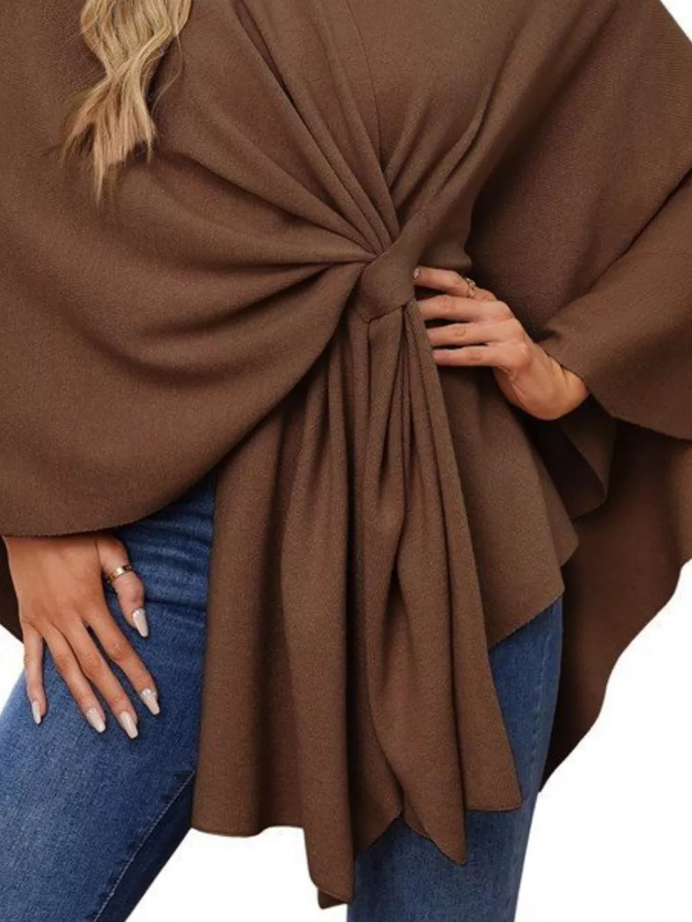 Solid Color Tie-Front Knit Cape Top, image 11