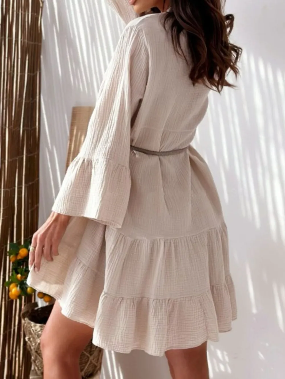 Button Detail Notched Long Sleeve Dress, image 2