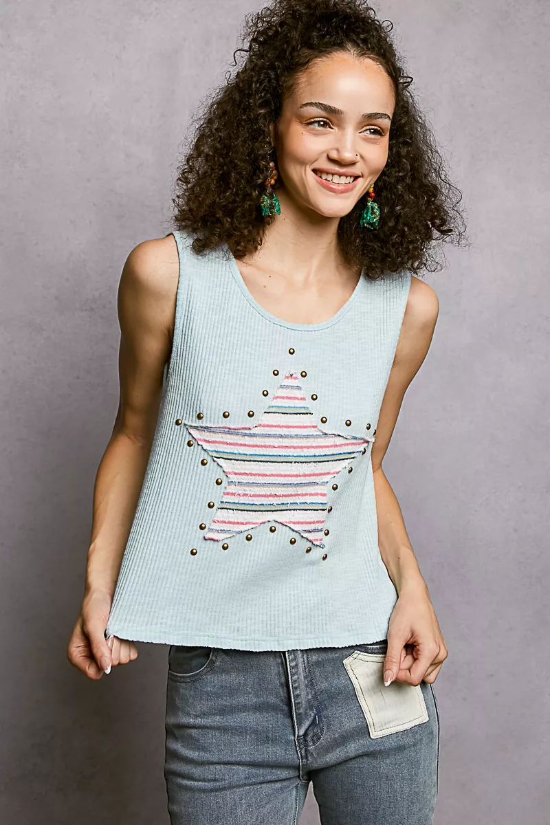 Round Neck Stud Point Ribbed Tank with Stripped Star Patch, image 3