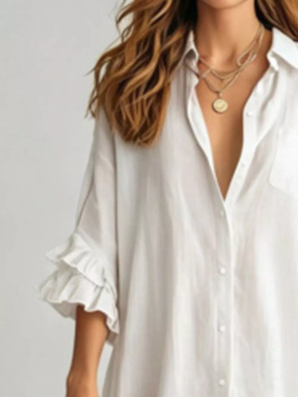 Full Size Ruffled Trim Button-Down Maxi Shirt Dress Plus Size, image 10