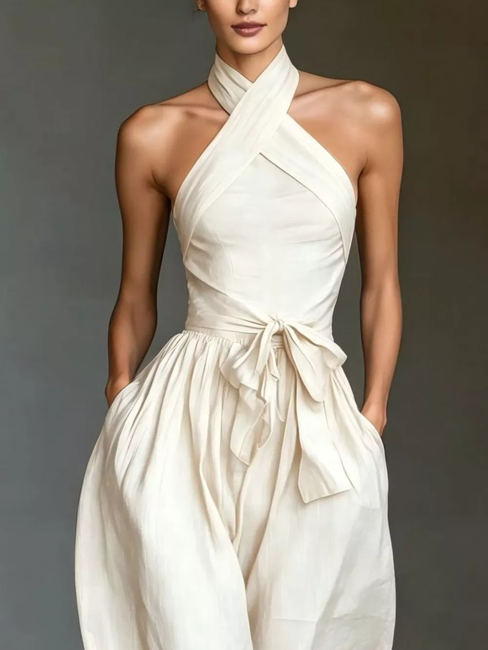 Halter Neck Wide-Leg Jumpsuit with Waist-Tie Detail, image 3