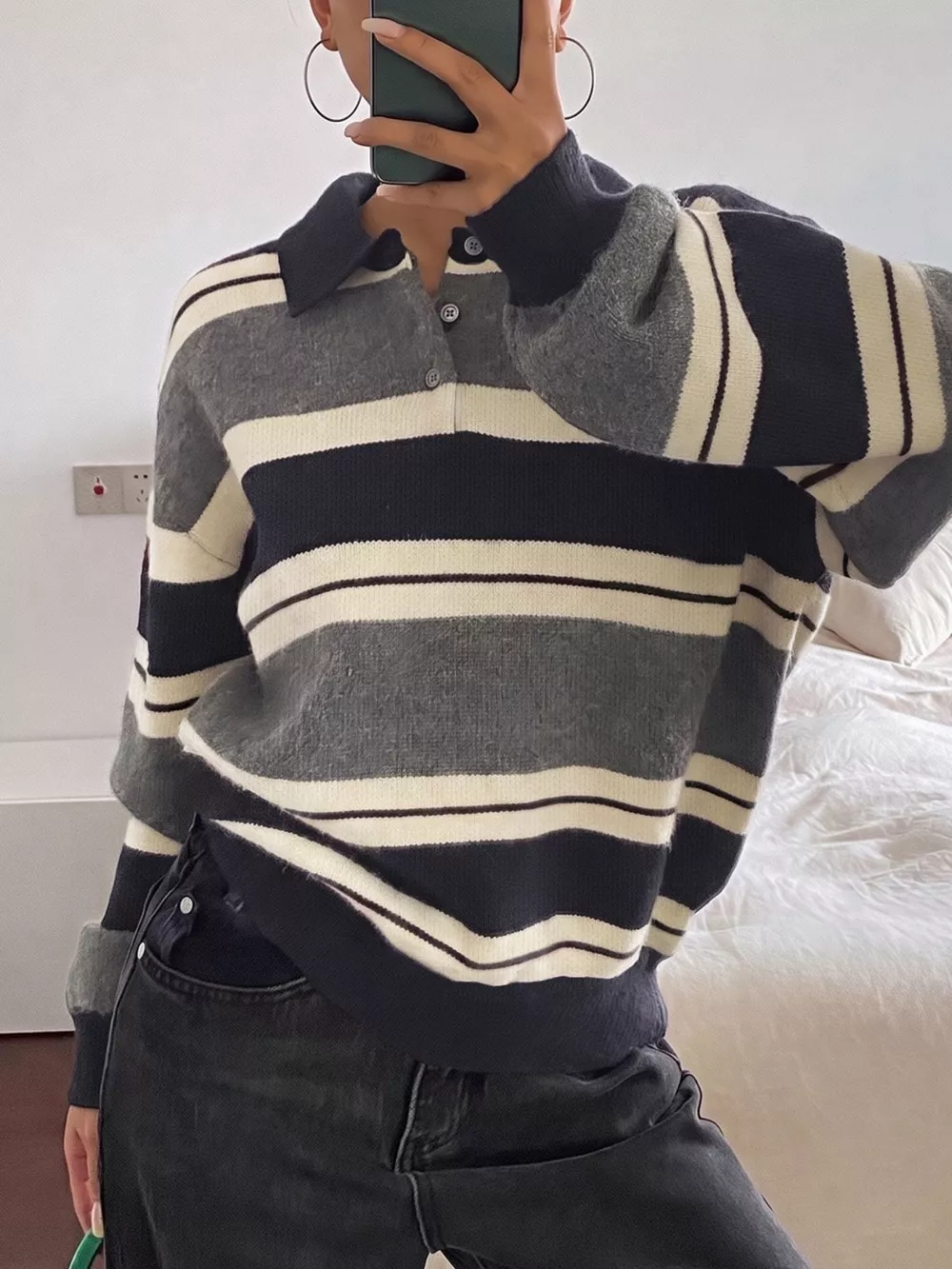 Striped Long Sleeve Button Detail Sweater, image 3