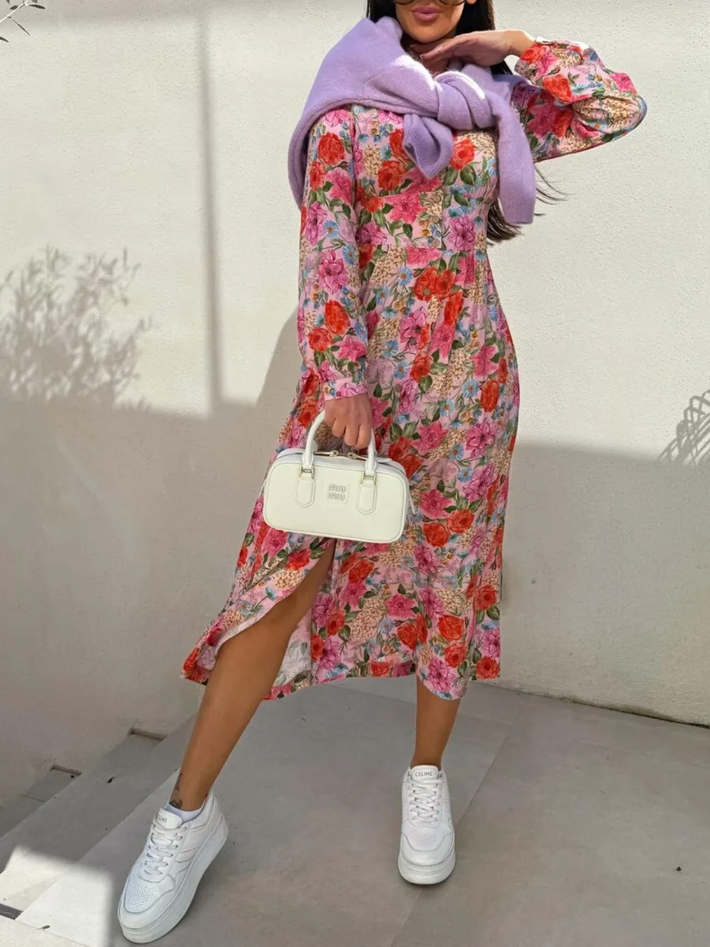 Floral Print Long Sleeve V-Neck Dress, image 6
