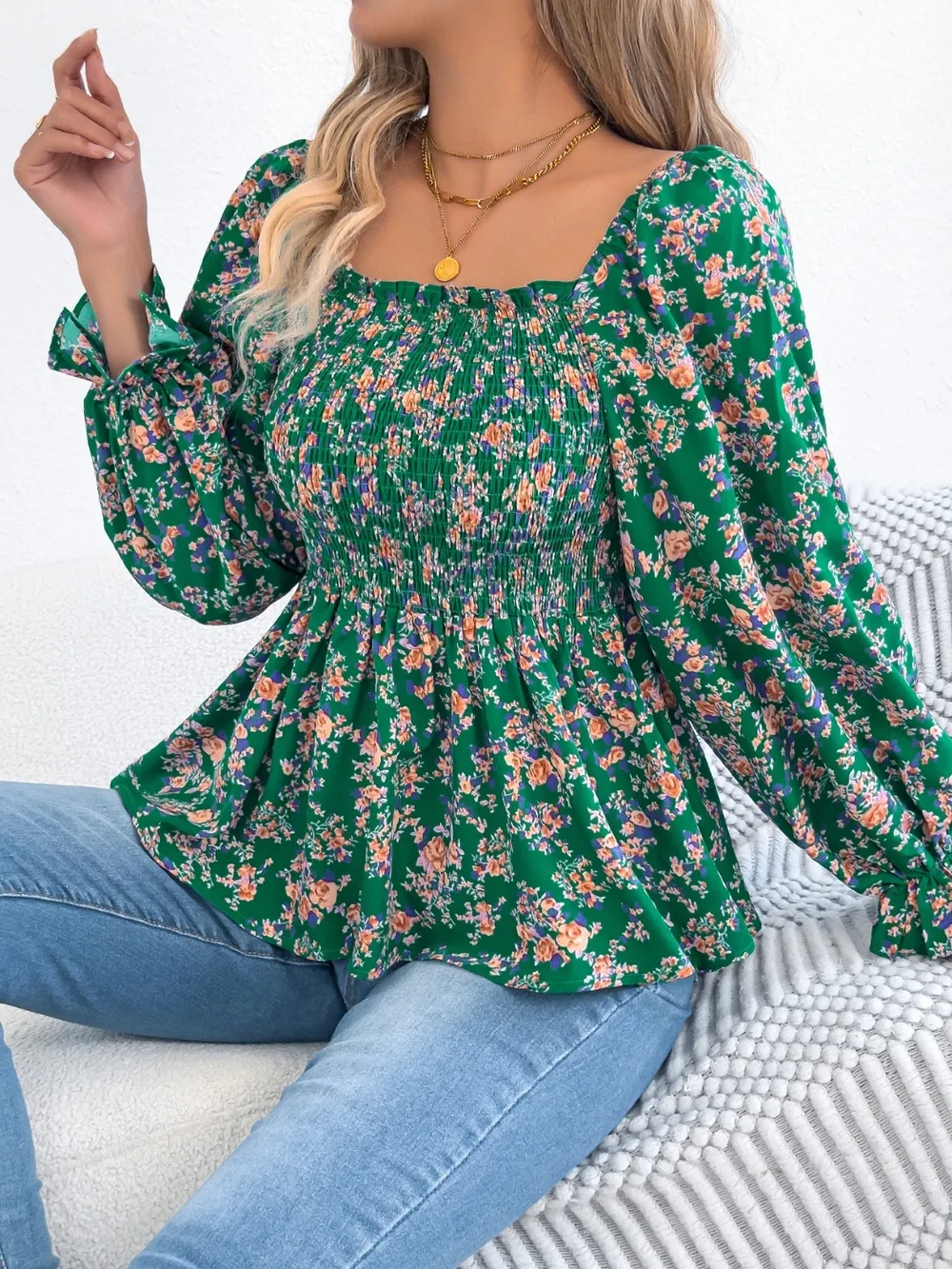 Floral Square Neck Flounce Sleeve Blouse, image 17