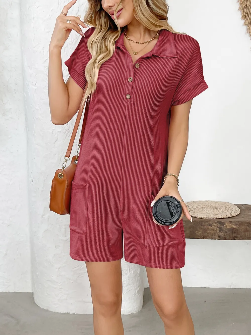Button Detail Collared Neck Short Sleeve Romper, image 22