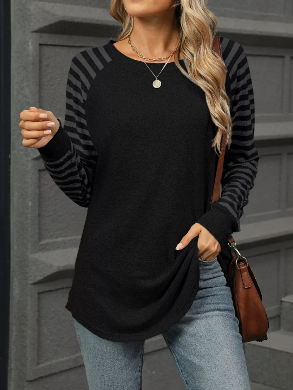 Striped Round Neck Raglan Sleeve T-Shirt