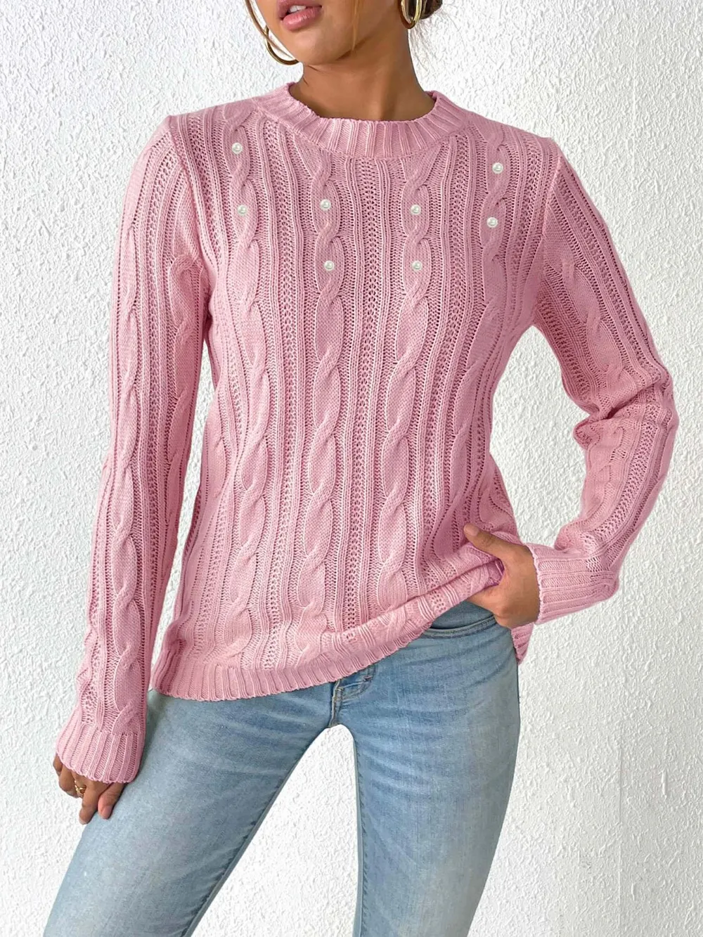 Cable-Knit Round Neck Long Sleeve Sweater, image 7