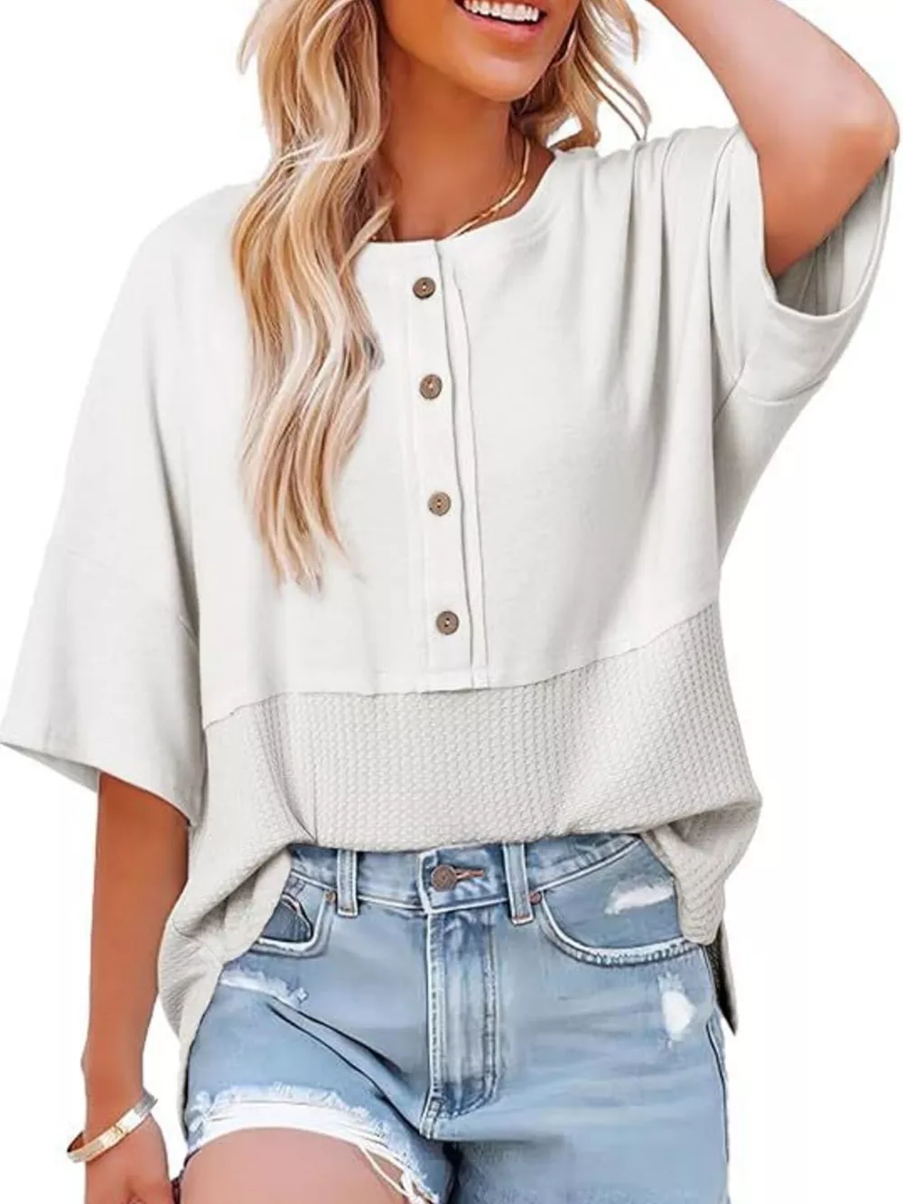 Button Detail Texture Knit T-Shirt, image 10