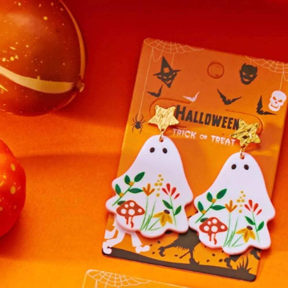 Whimsical Ghost Earrings with Floral Design, image 5