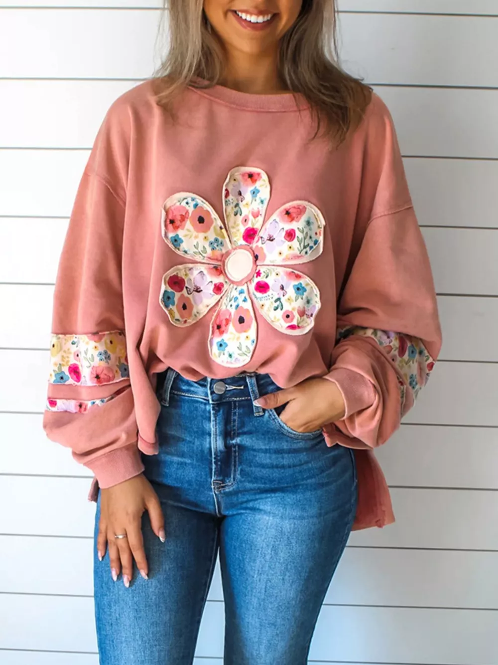 Plus Size Floral Applique Drop Shoulder Sweatshirt, image 8