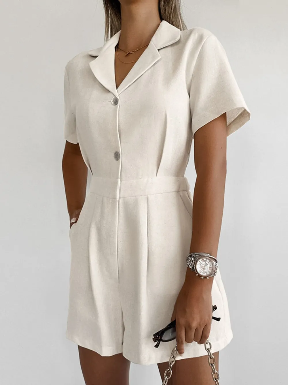 Button-Front Short Sleeve Romper, image 3