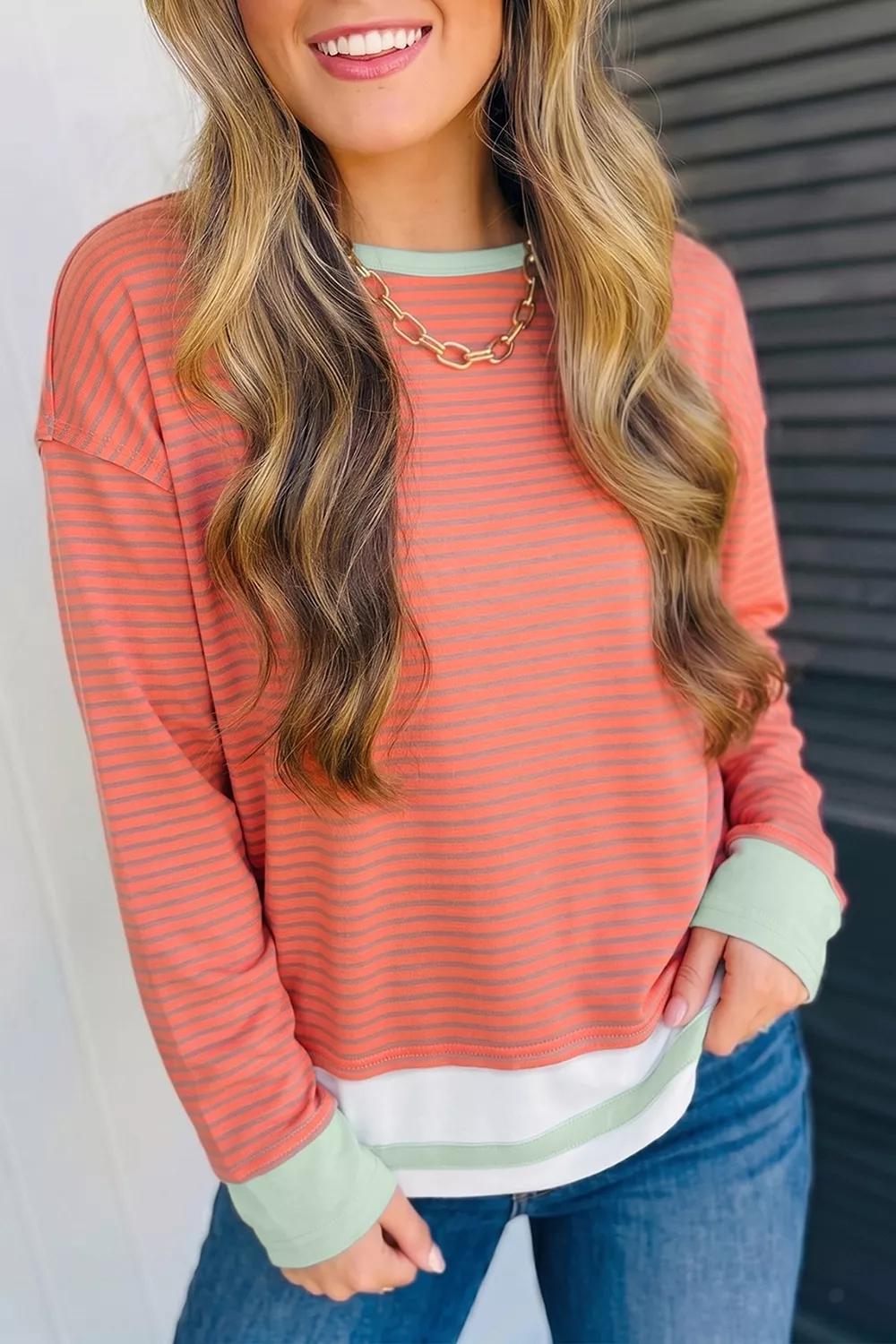 Stripe Colorblock Detail Raw Seam Long Sleeve Tunic Top