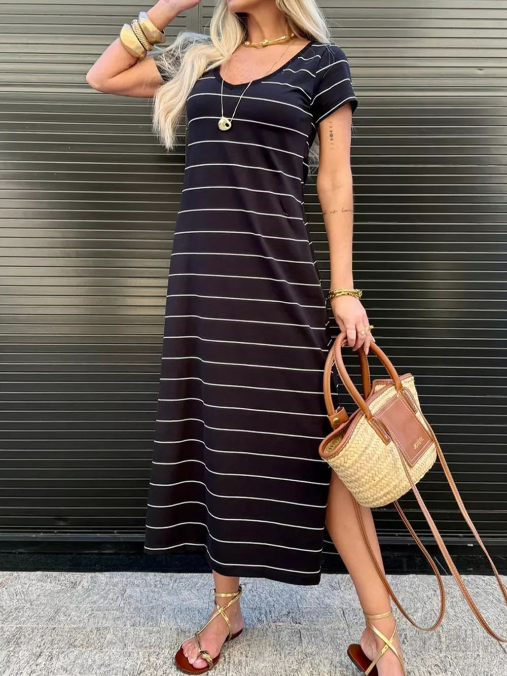 Slit Casual Striped Midi T-Shirt Dress, image 3