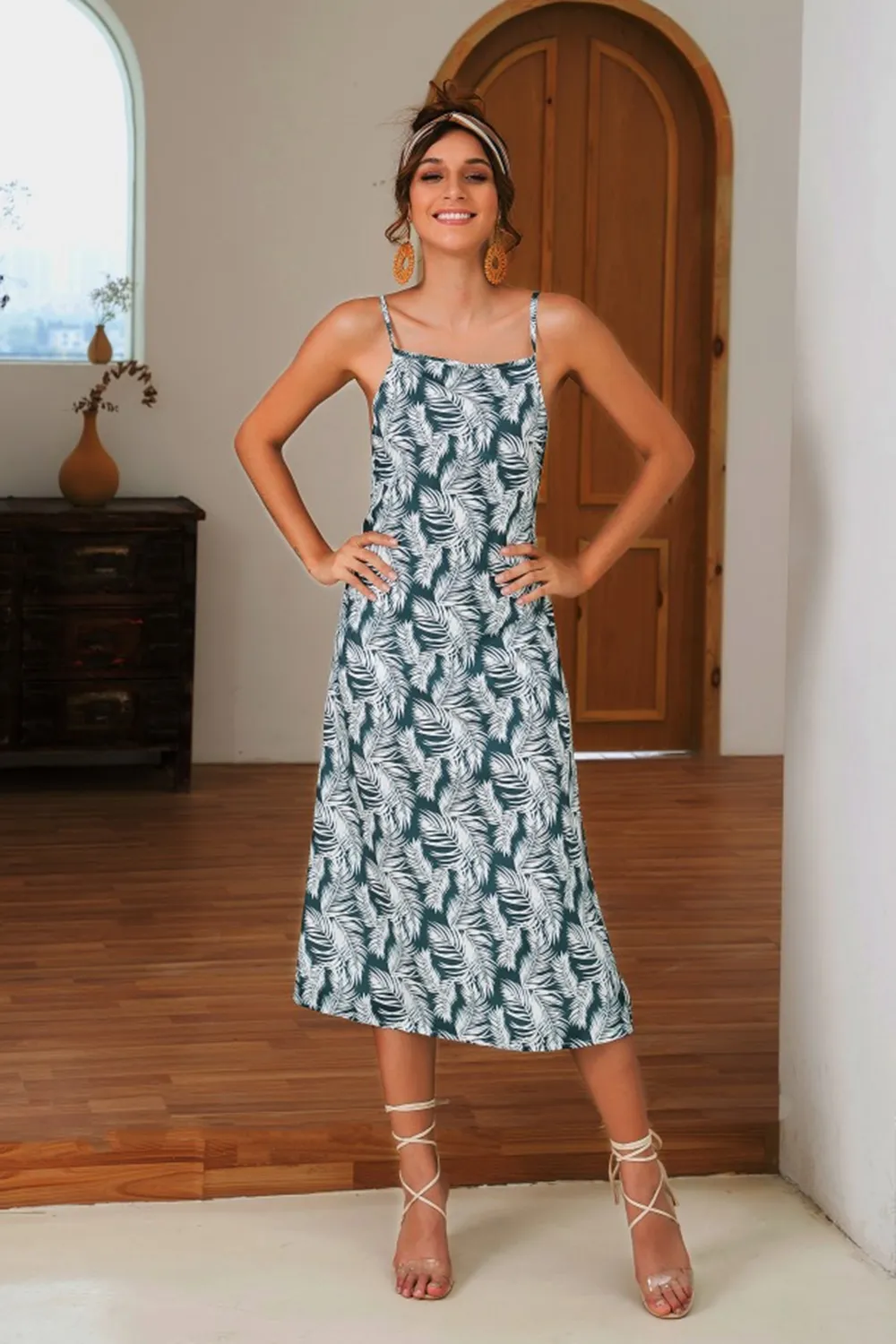 Slit Crisscross Printed Sleeveless Cami Dress, image 11