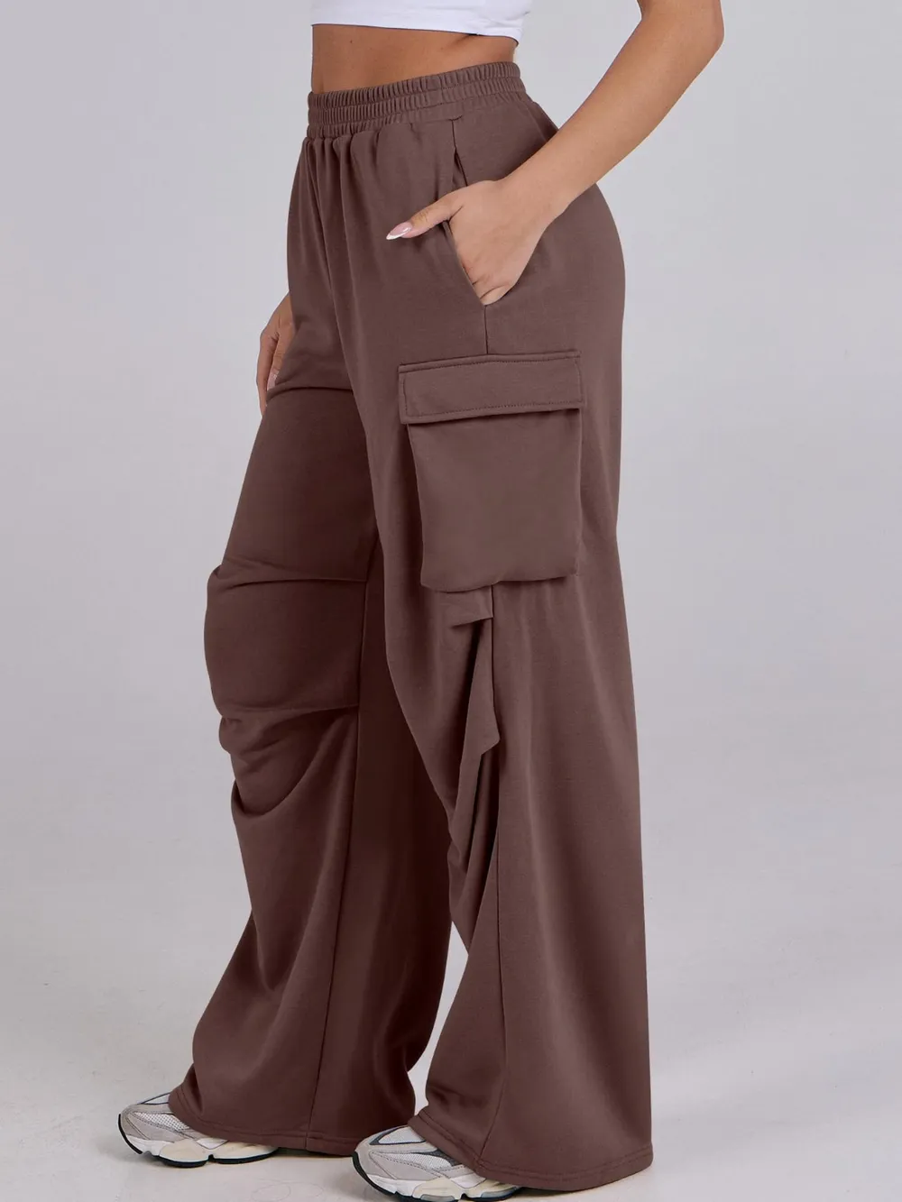 Elastic Waist Wide Leg Pants with Pockets, image 3