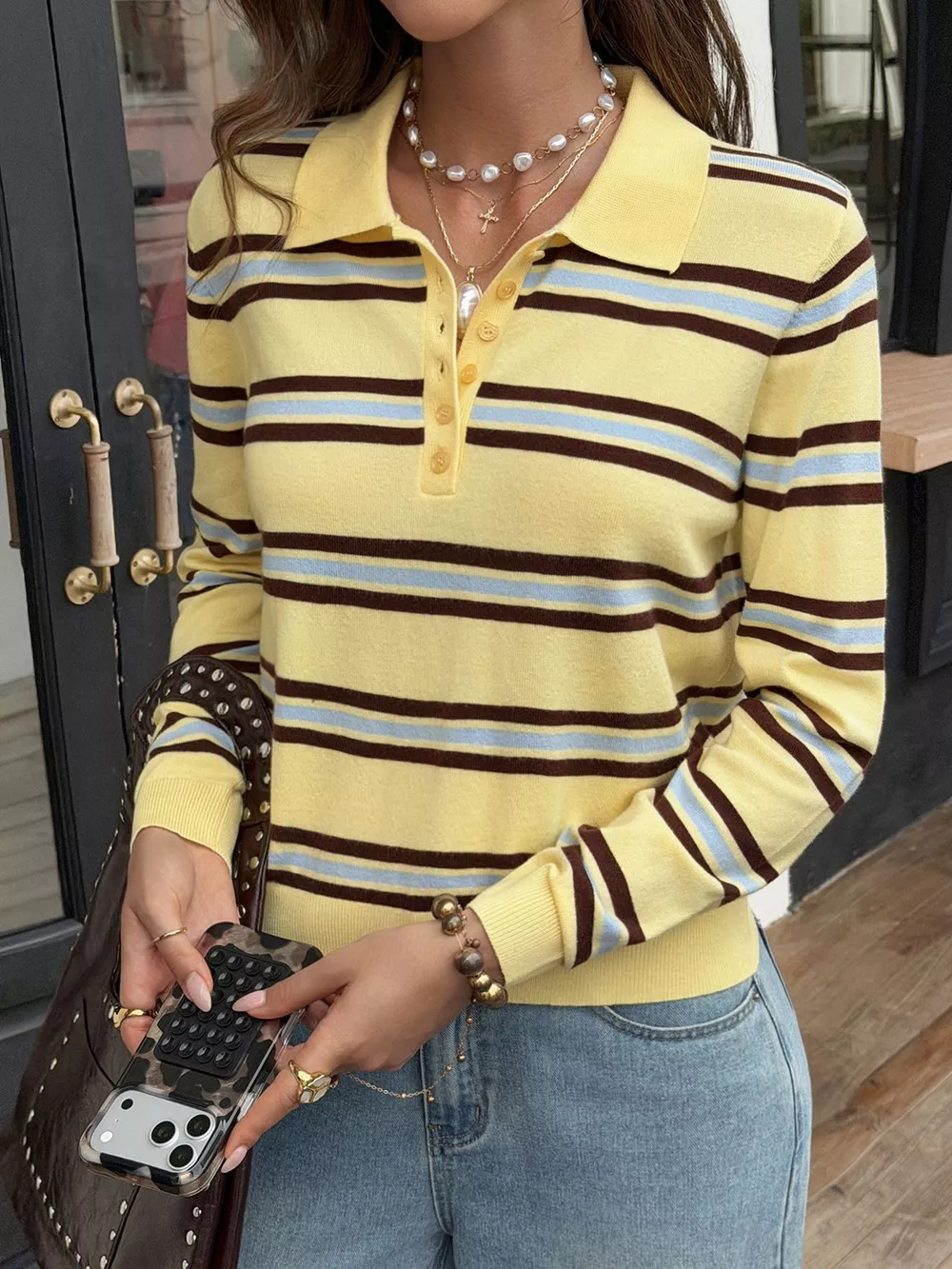 Striped Polo Collar Knit Top, image 2