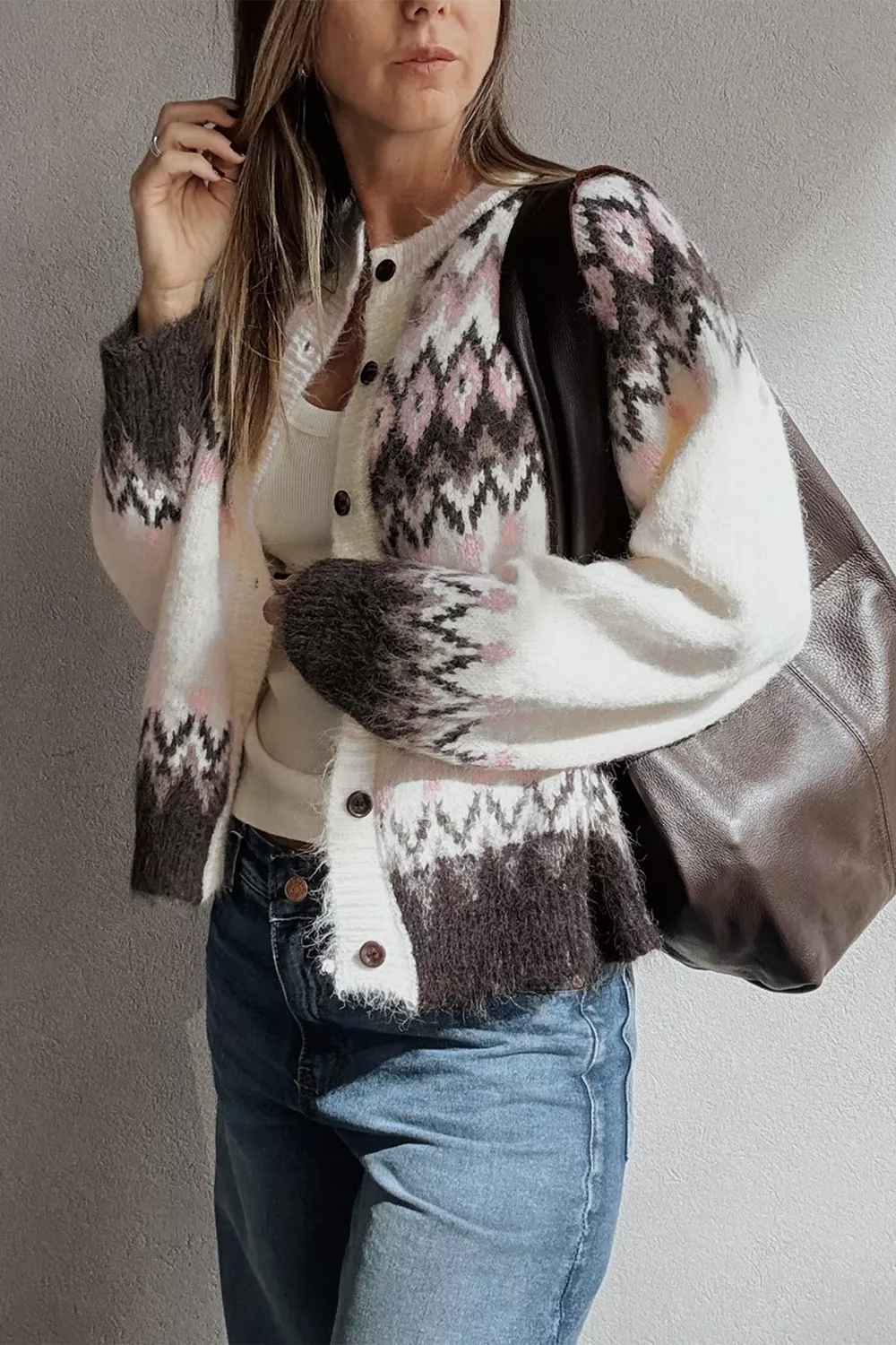 Geometric Pattern Brushed Knit Button Cardigan, image 5