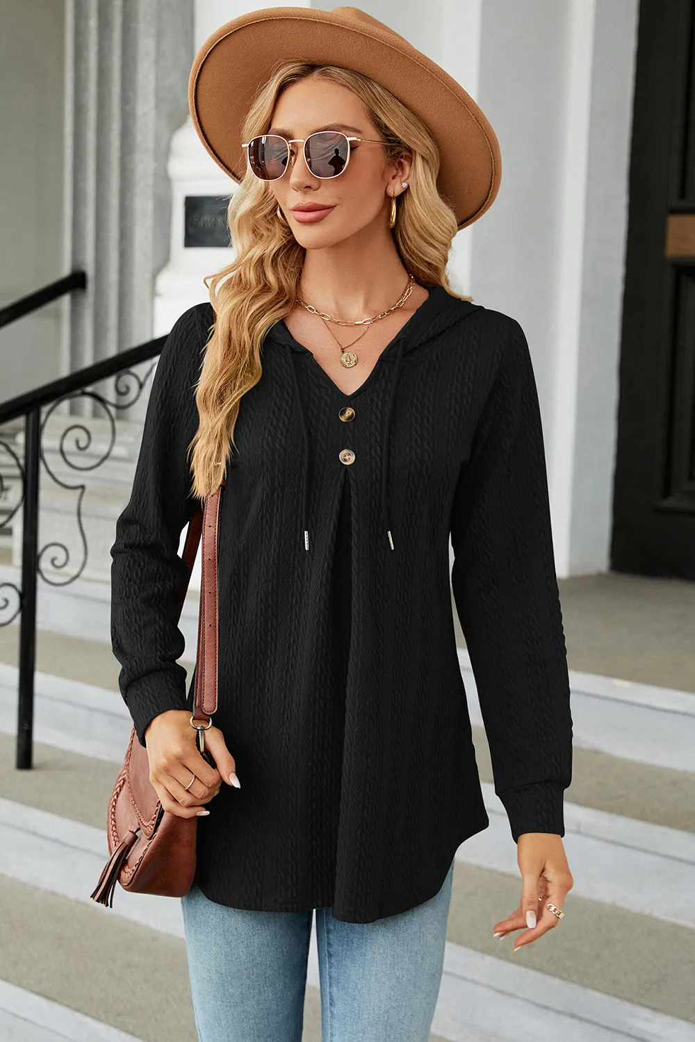 Decorative Button Drawstring Long Sleeve Hoodie, image 11