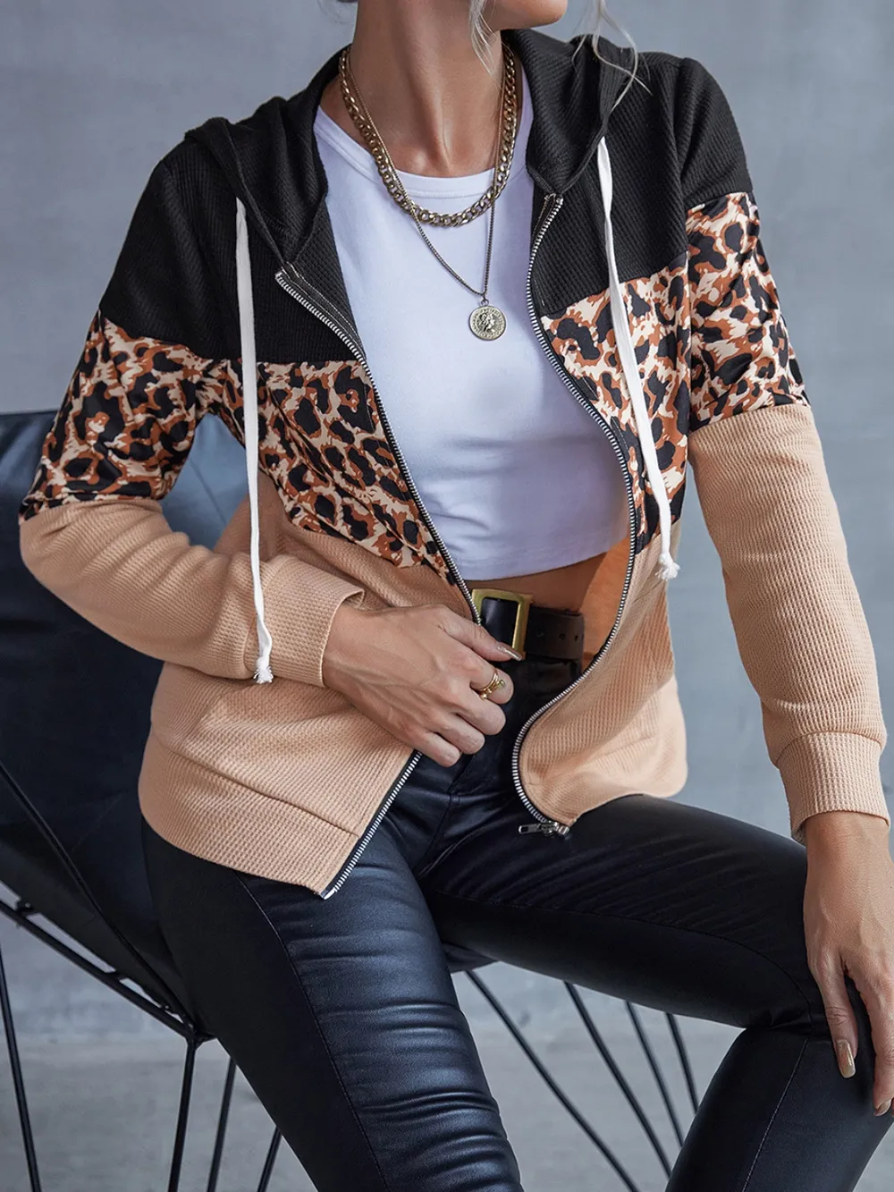 Drawstring Leopard Zip Up Hooded Jacket, image 2