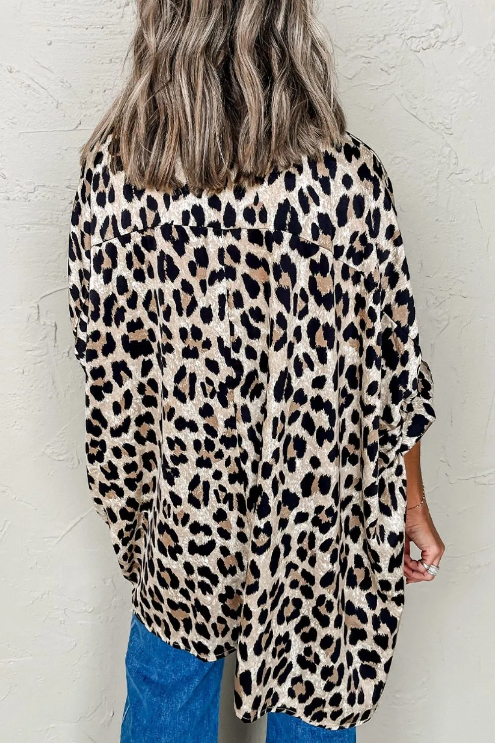 Leopard Print Buttoned 3/4 Sleeve Loose Fit Shirt, image 9