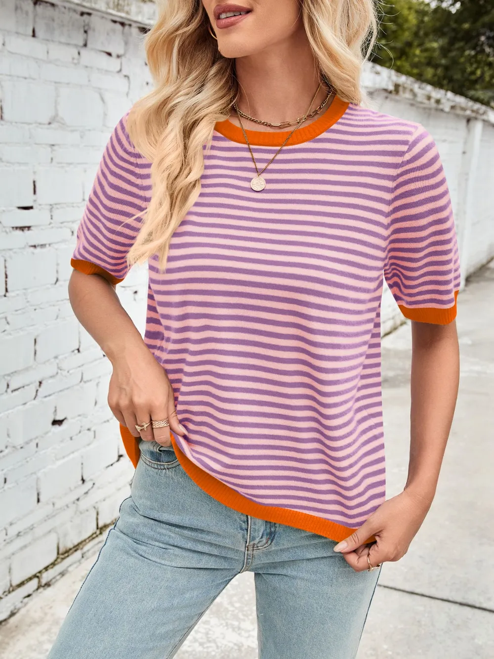 Striped Contrast Round Neck Half Sleeve Knit Top, image 13