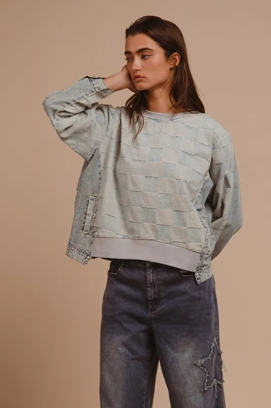 Mineral Washed Checkered Round Neck Denim Top, image 5