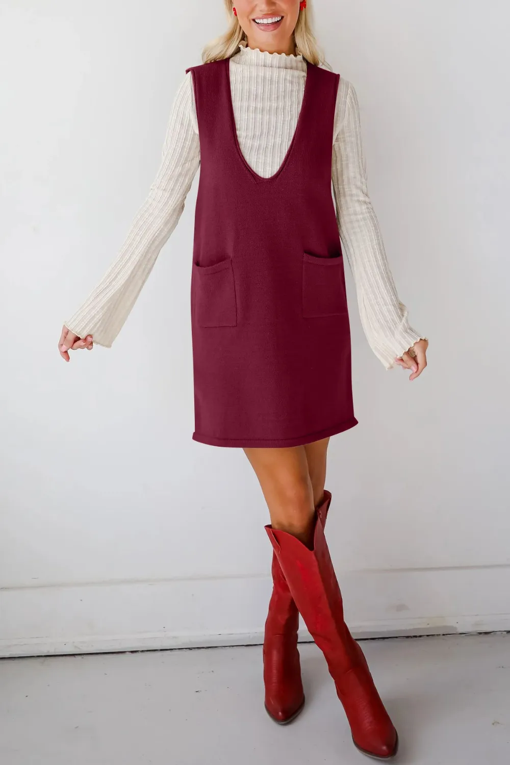 Pocketed V-Neck Mini Sweater Overall Dress, image 8