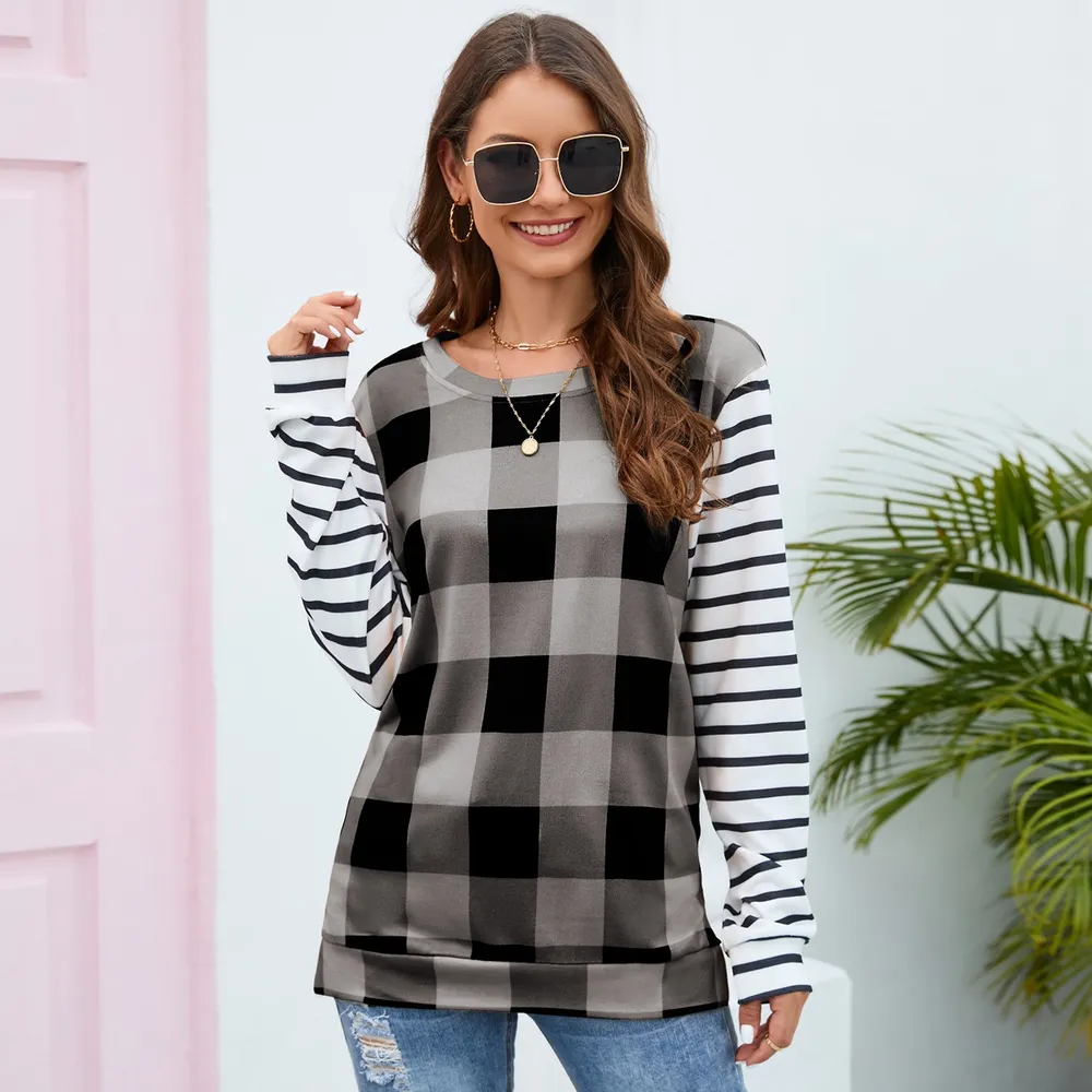 Plaid Striped Round Neck Long Sleeve T-Shirt, image 22