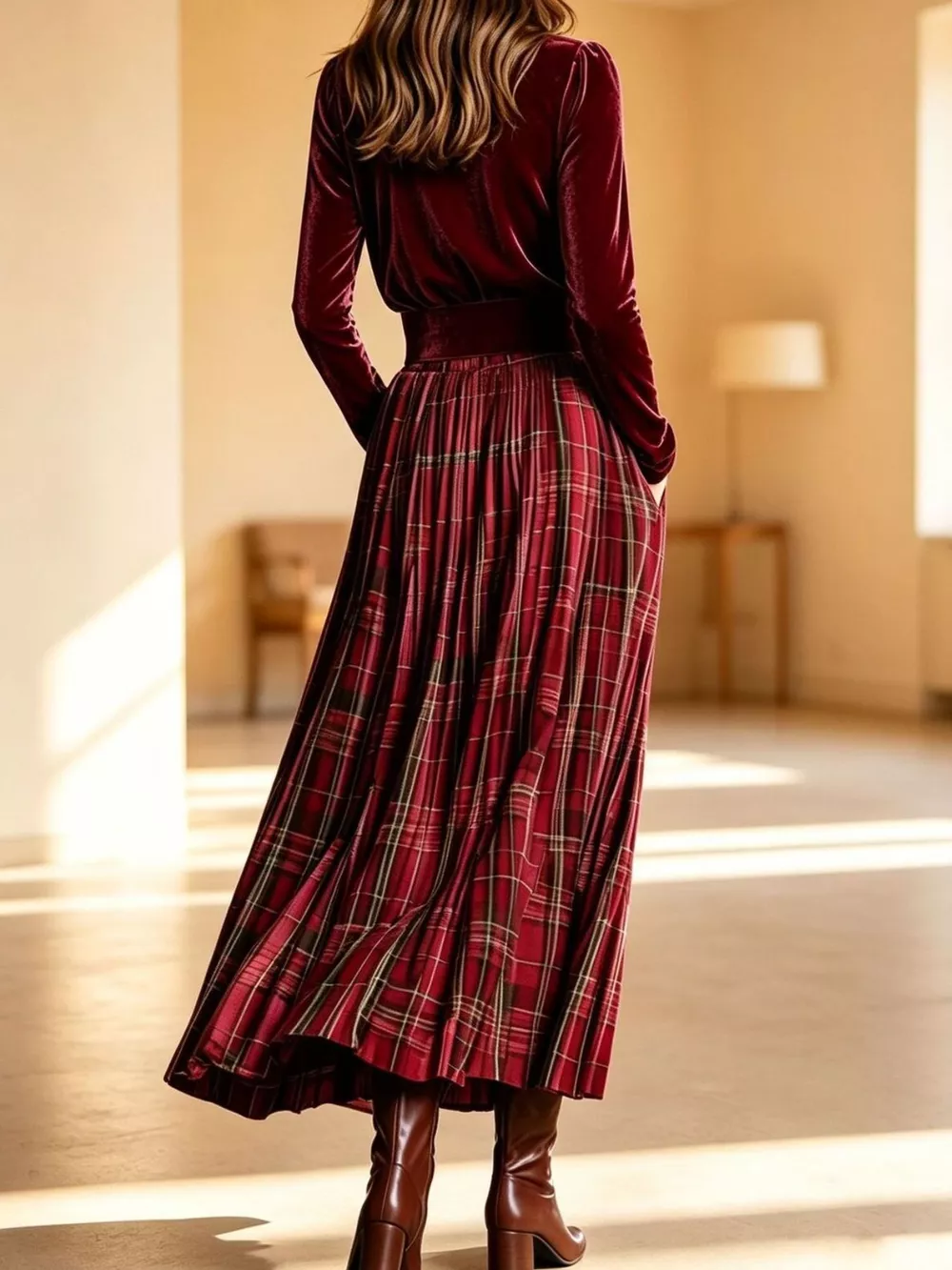 Velvet Turtleneck Top and Plaid Maxi Skirt Two-Piece Set, image 4