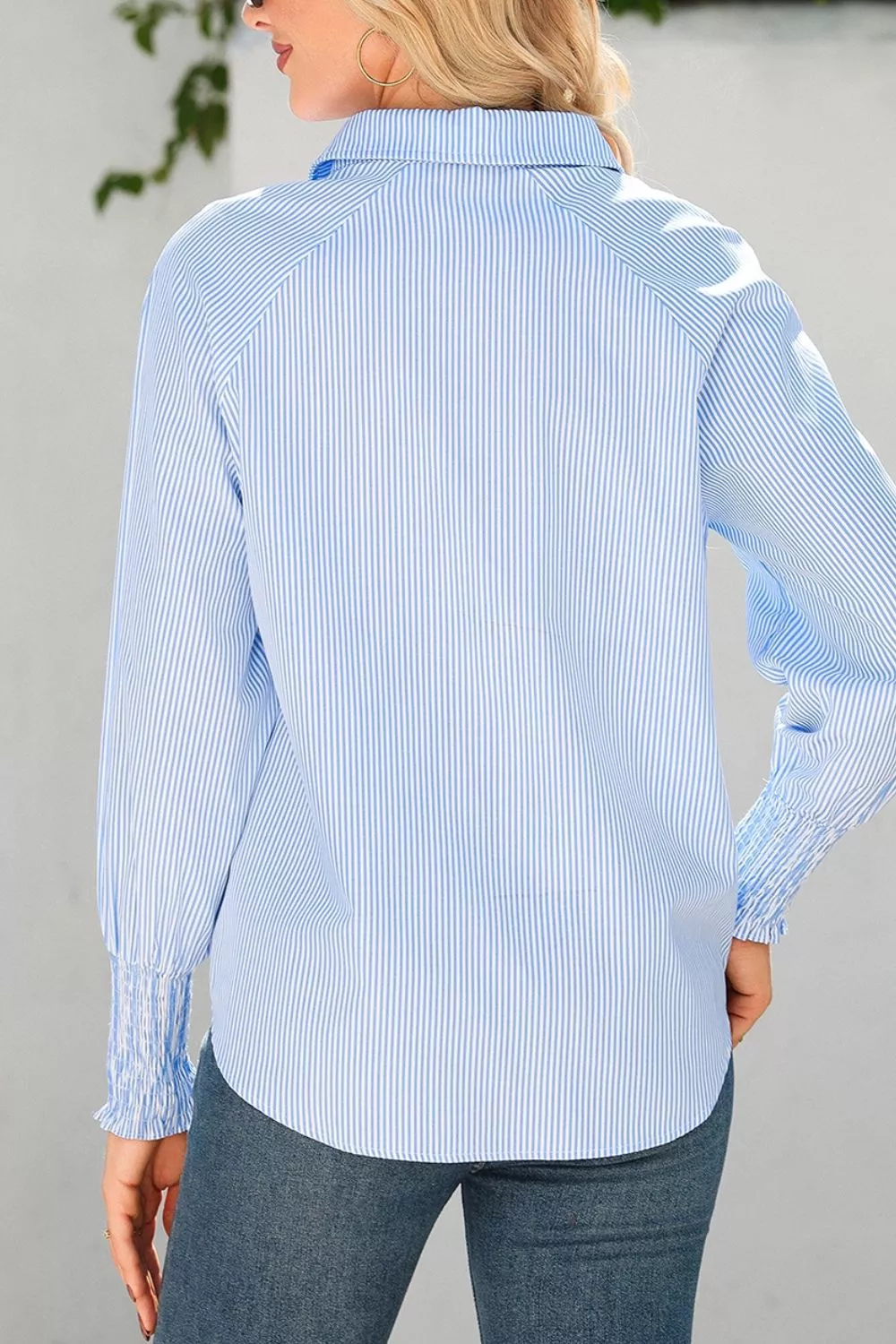 Striped Smocked Sleeve Collared Neck Blouse, image 3