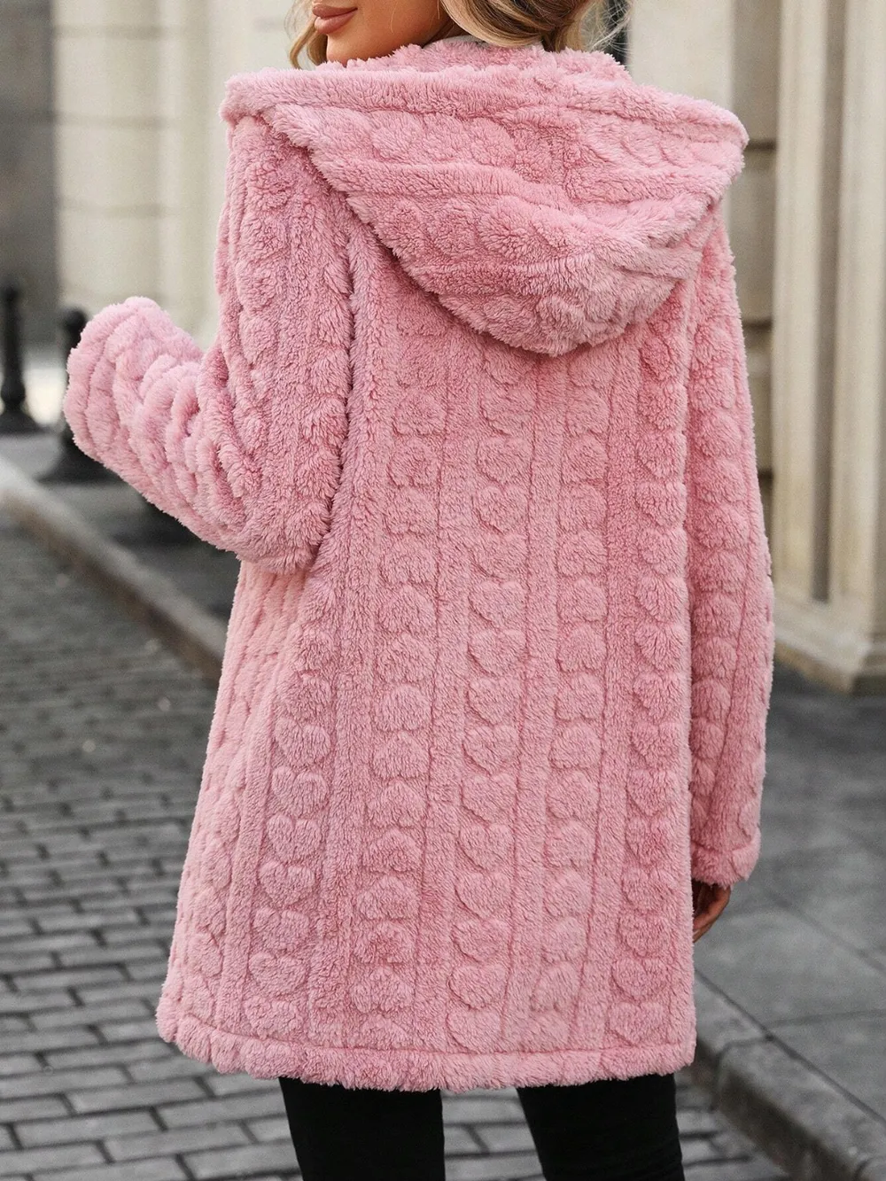 Heart Open Front Hooded Fuzzy Coat, image 3