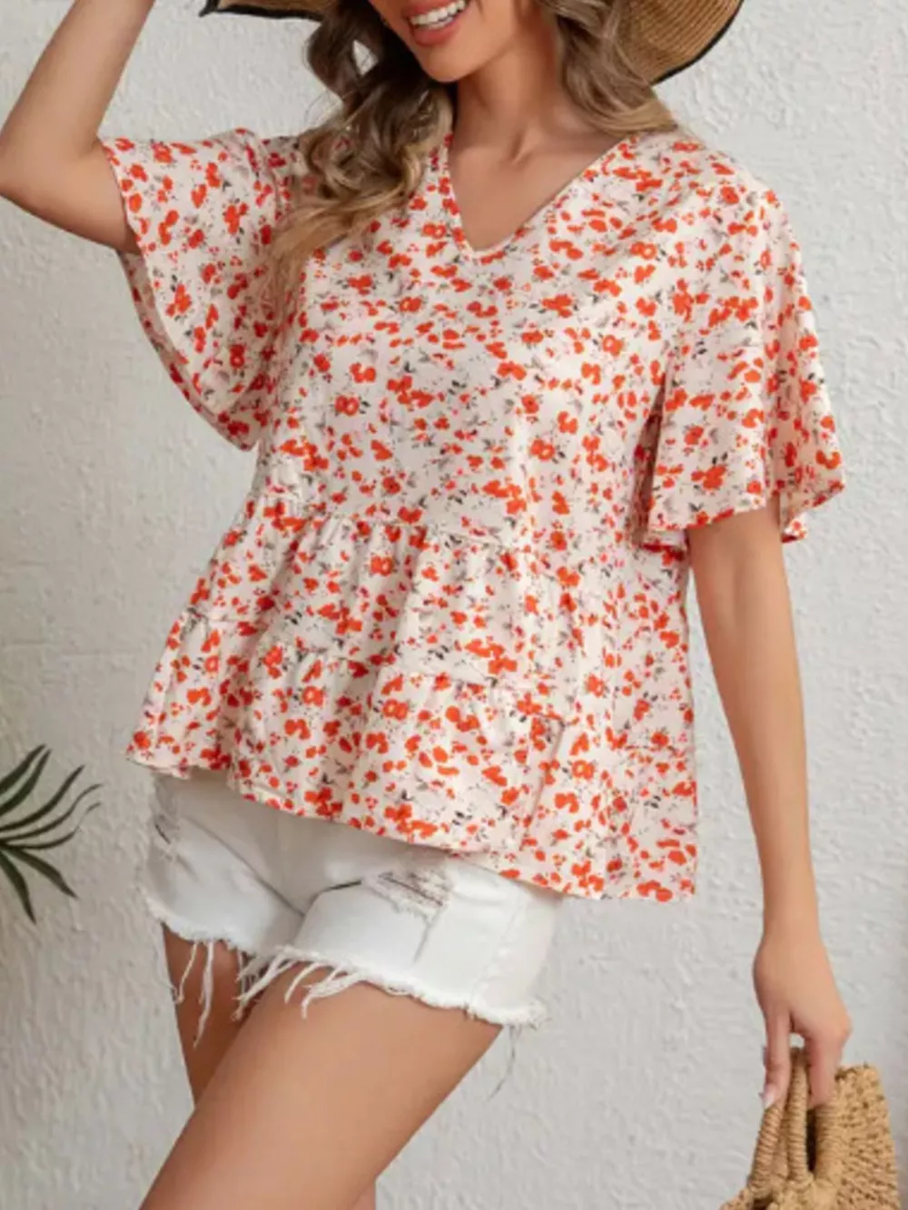 Floral Print V-Neck Ruffle Sleeve Peplum Blouse, image 2