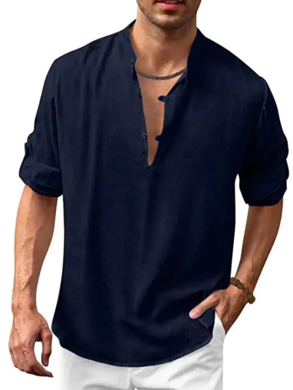 Men's Full Size Button Detail Roll-Tab Sleeve Top Plus Size, image 9