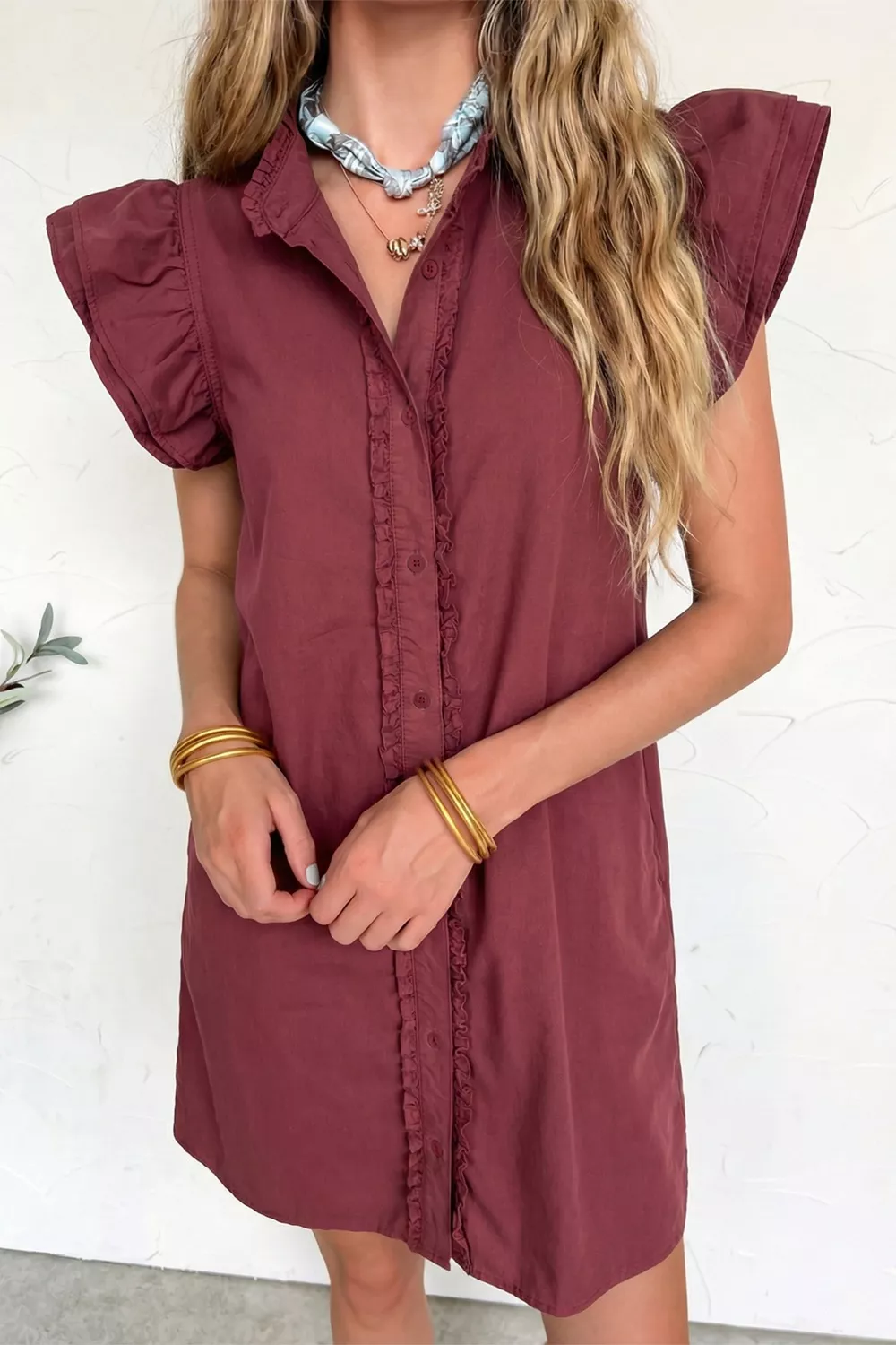 Frilled Detail Button Down Ruffle Short Sleeve Denim Mini Dress, image 4