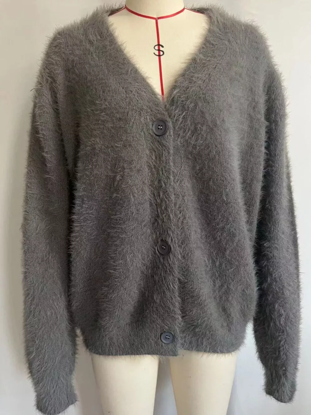 V Neck Button Down Fuzzy Knit Mohair Cardigan, image 2