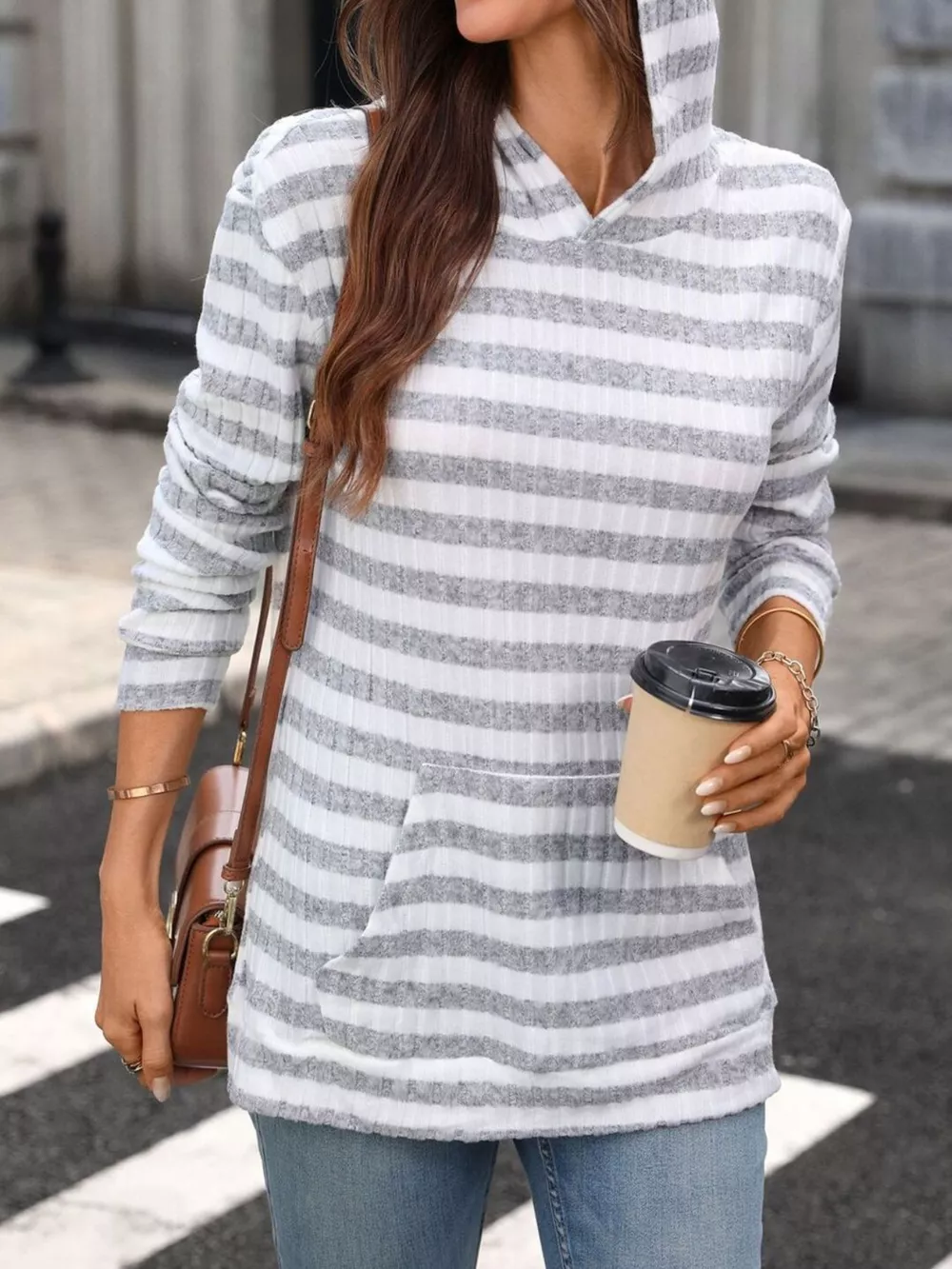 Casual Striped Ribbed Knit Hoodie with Kangaroo Pocket, image 3