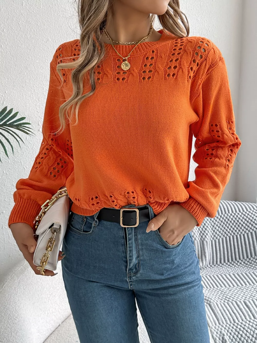 Hollow Out Eyelet Long Sleeve Sweater, image 7
