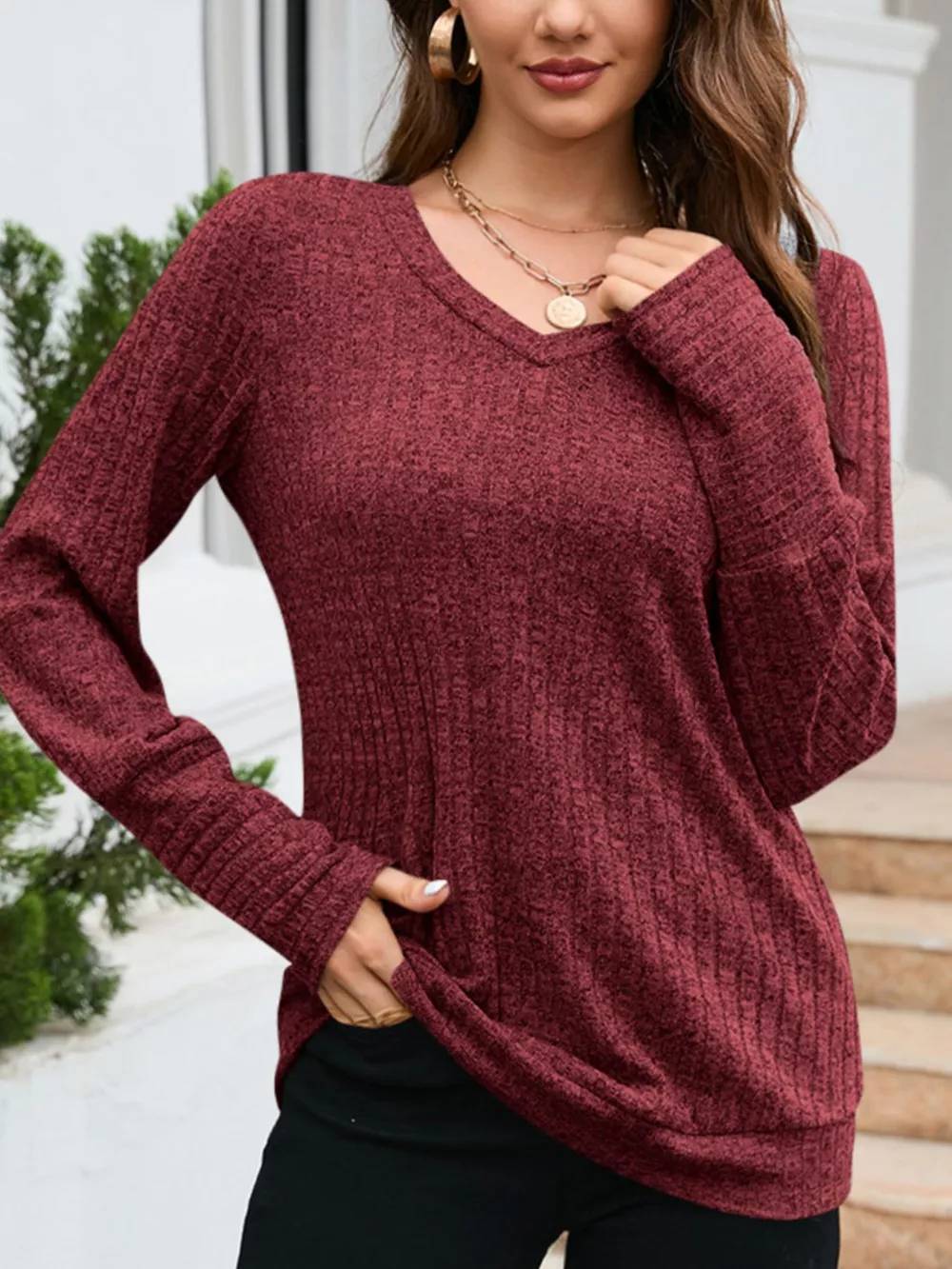 V-Neck Textured Knit Long Sleeve T-Shirt, image 15