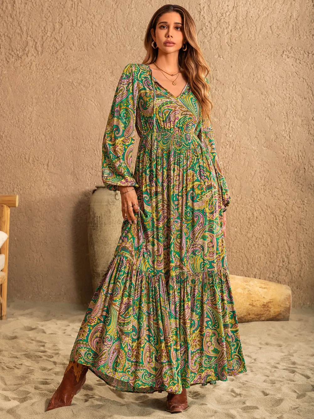 Printed Tie Neck Long Sleeve Dress, image 6
