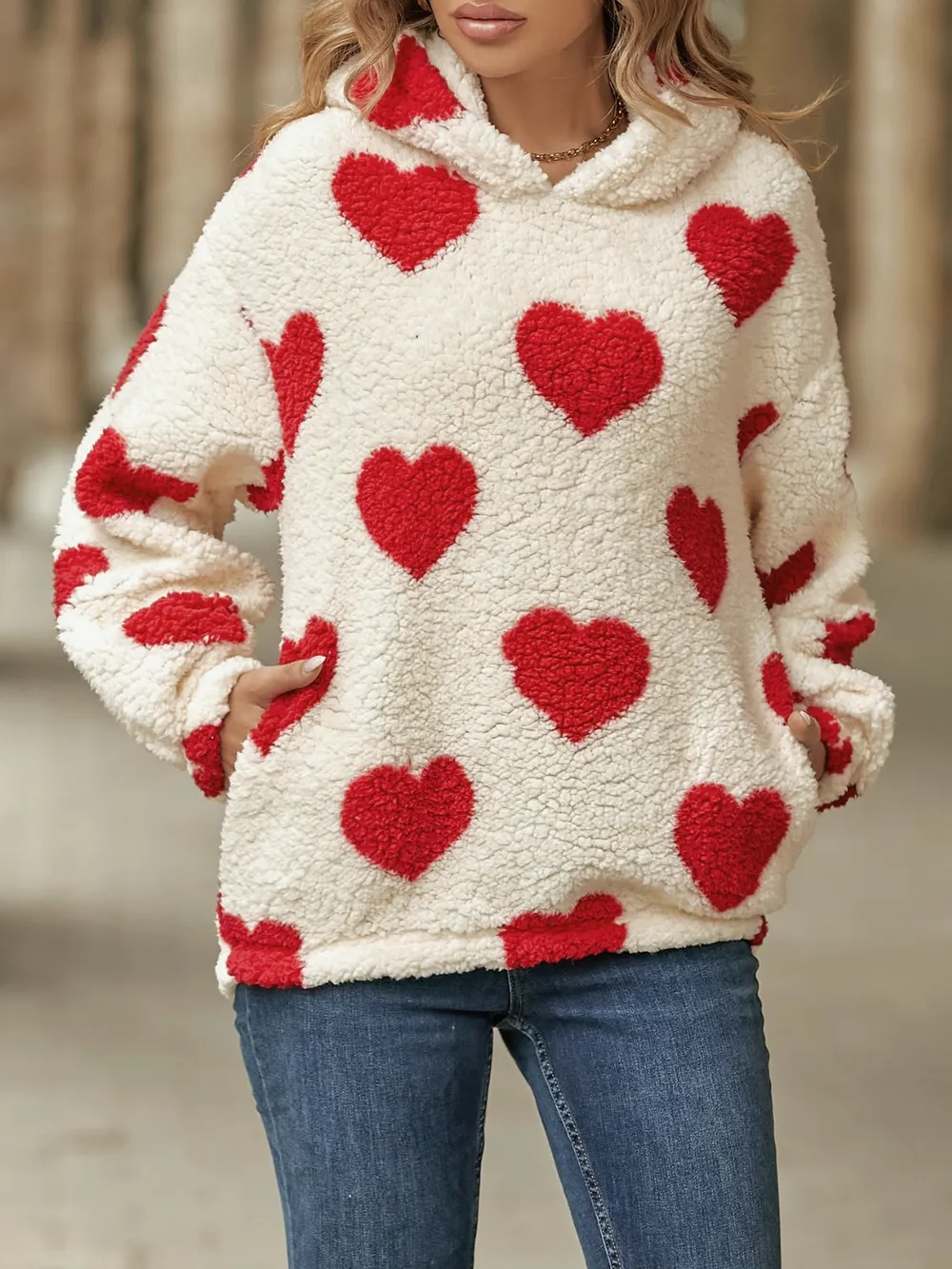 Fuzzy Heart Pocketed Dropped Shoulder Hoodie, image 11
