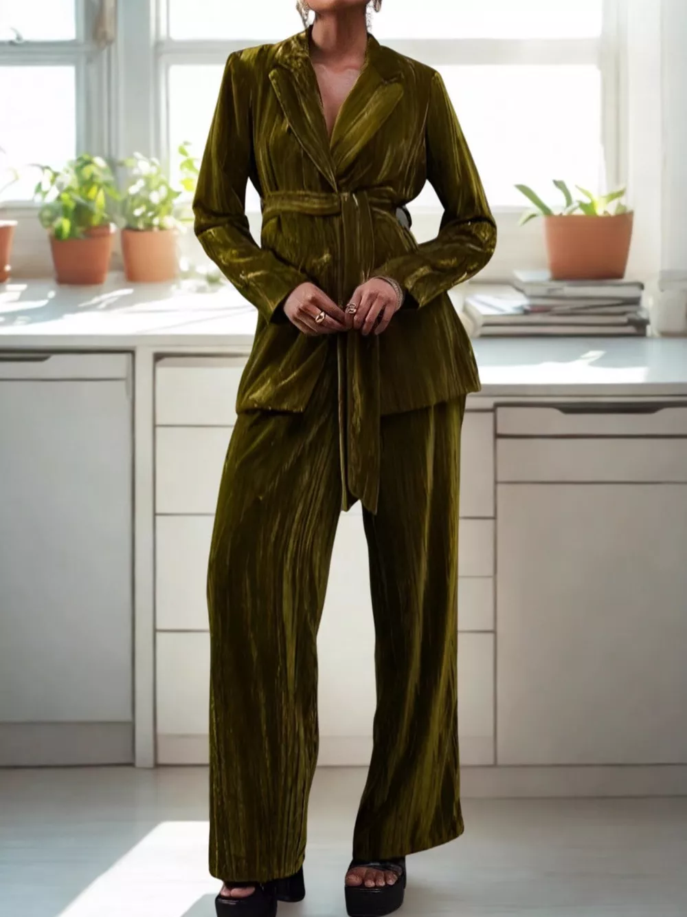Velvet Lapel Collar Blazer & Pants Set, image 18