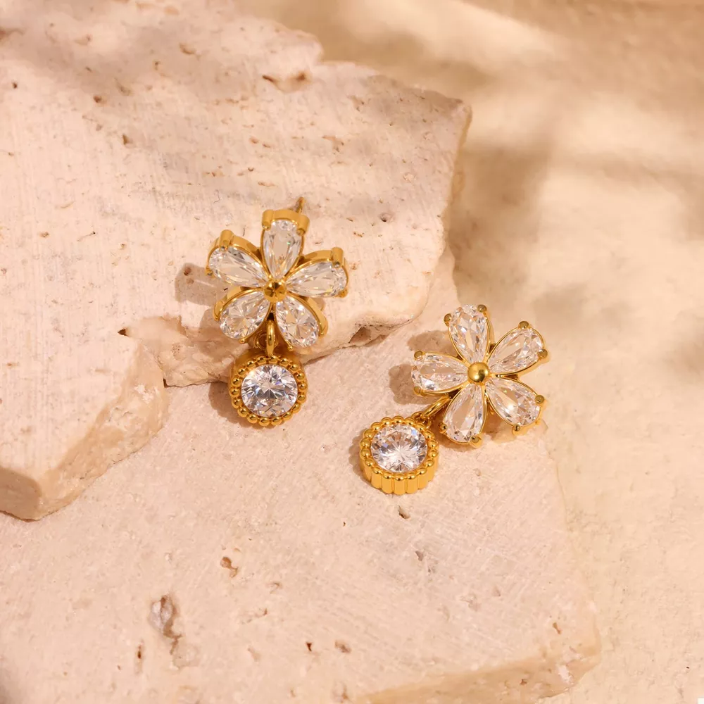 18K Gold-Plated Stainless Steel Zircon Flower Drop Earrings, image 4
