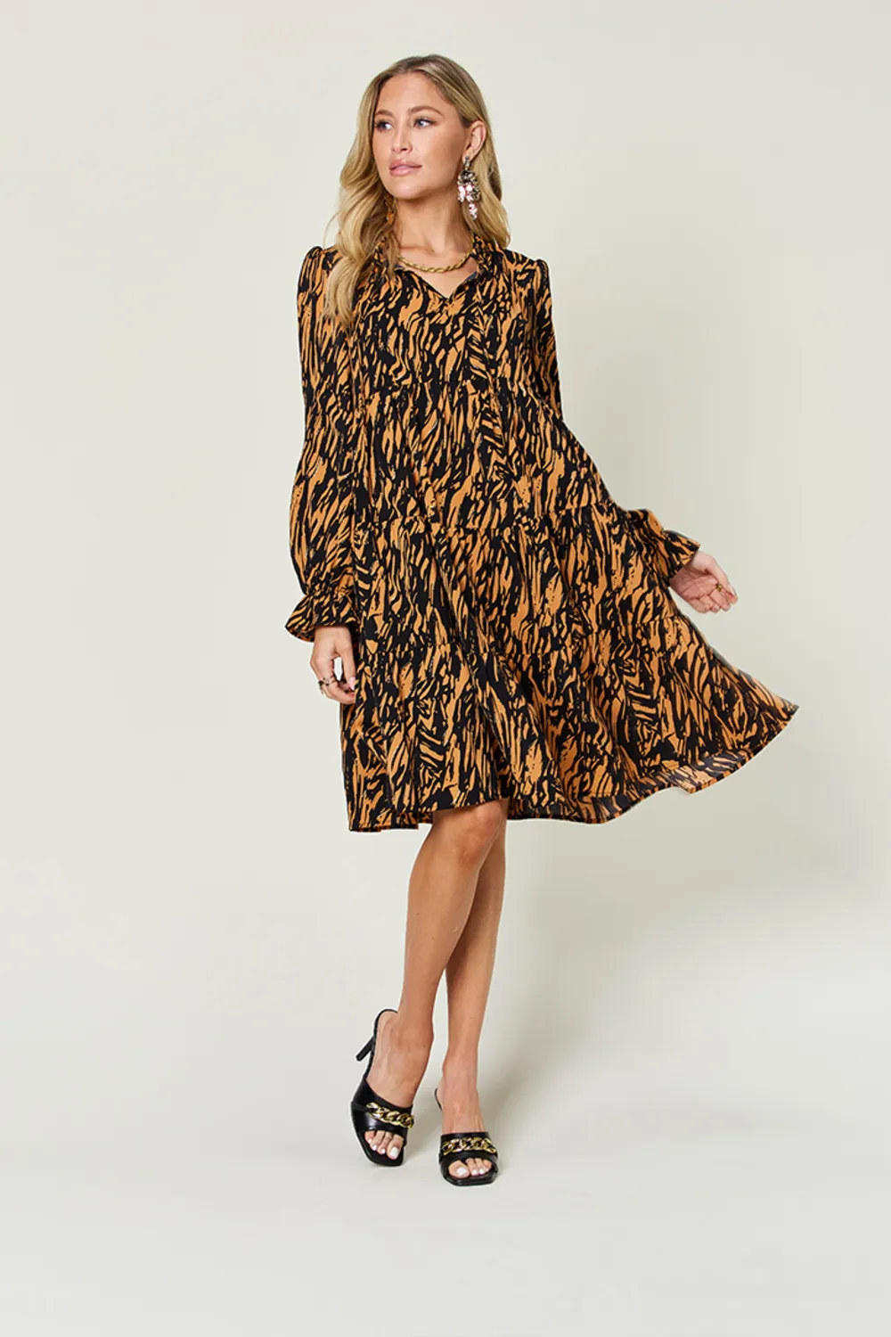 Full Size Printed Ruffle Hem Long Sleeve Dress, image 14
