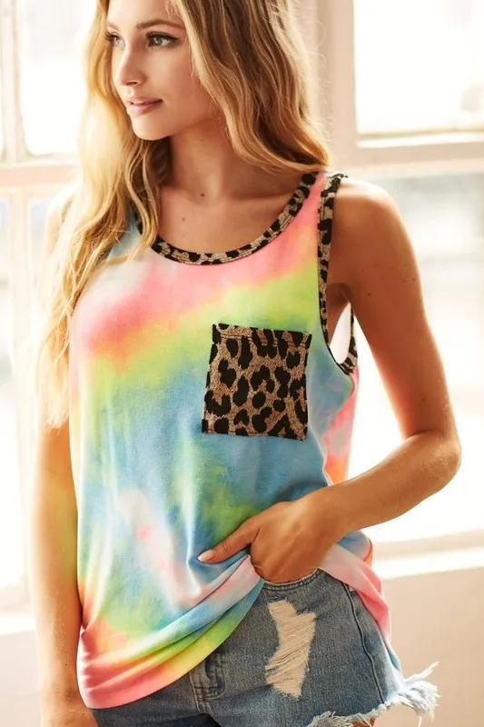 Sleeveless Tie Dye Top with Leopard Band, image 4