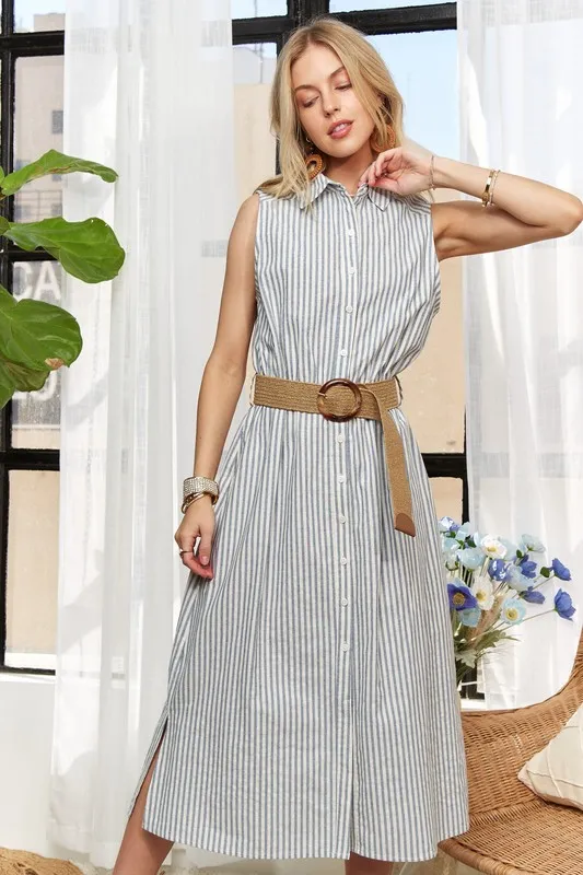 Striped Button Down Sleeveless Midi Dress, image 3