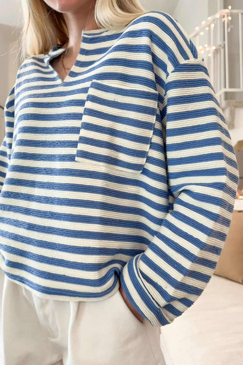Stripe Chest Pocket Notched Top, image 9