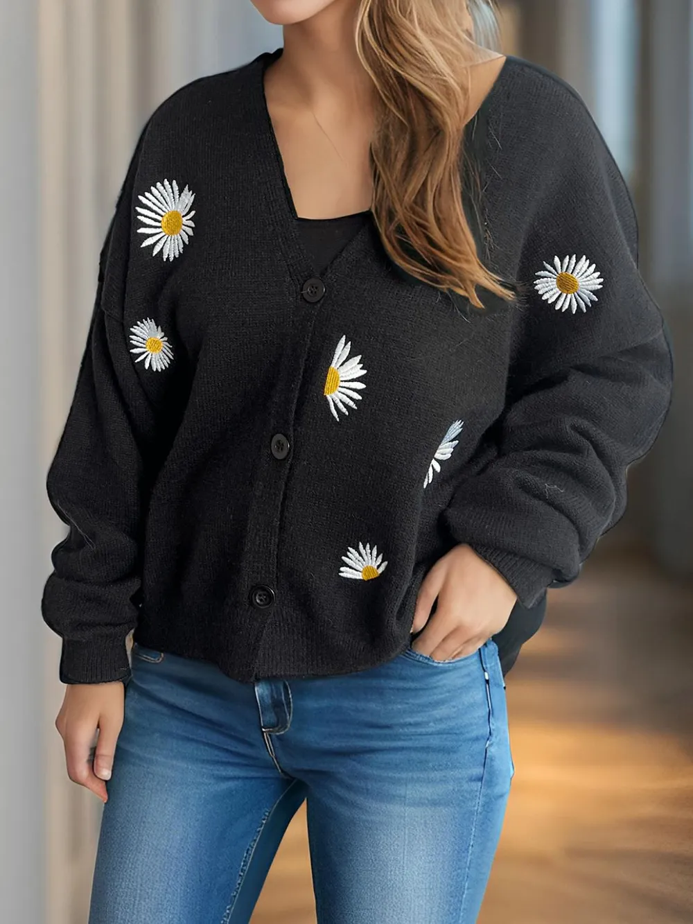 Daisy Button Up V-Neck Cardigan, image 8