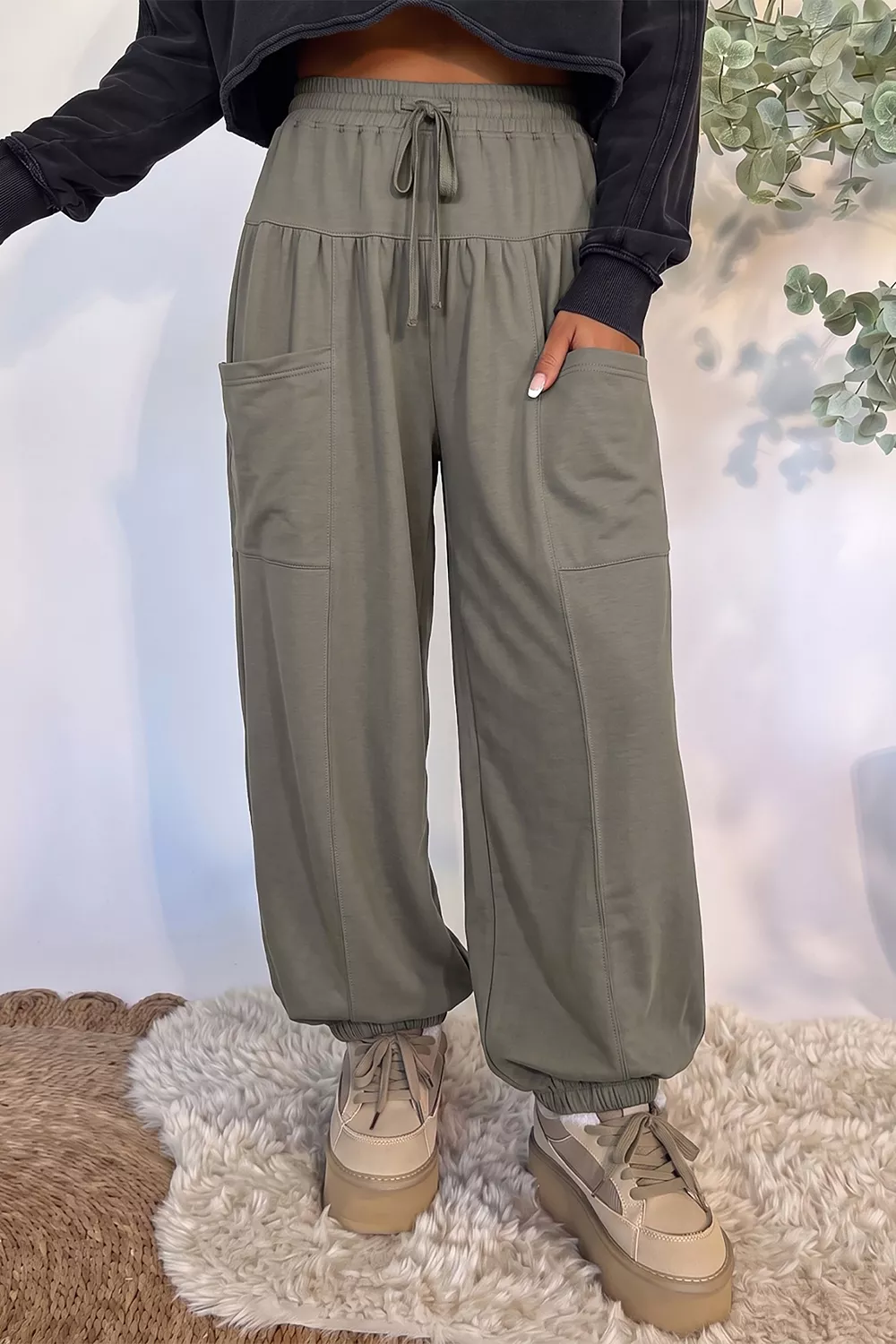 Elastic Waist Drawstring Wide Leg Full Length Pants, image 2
