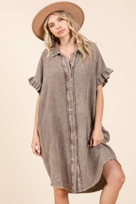 Mineral Wash Cotton Gauze Mini Shirt Dress, image 5