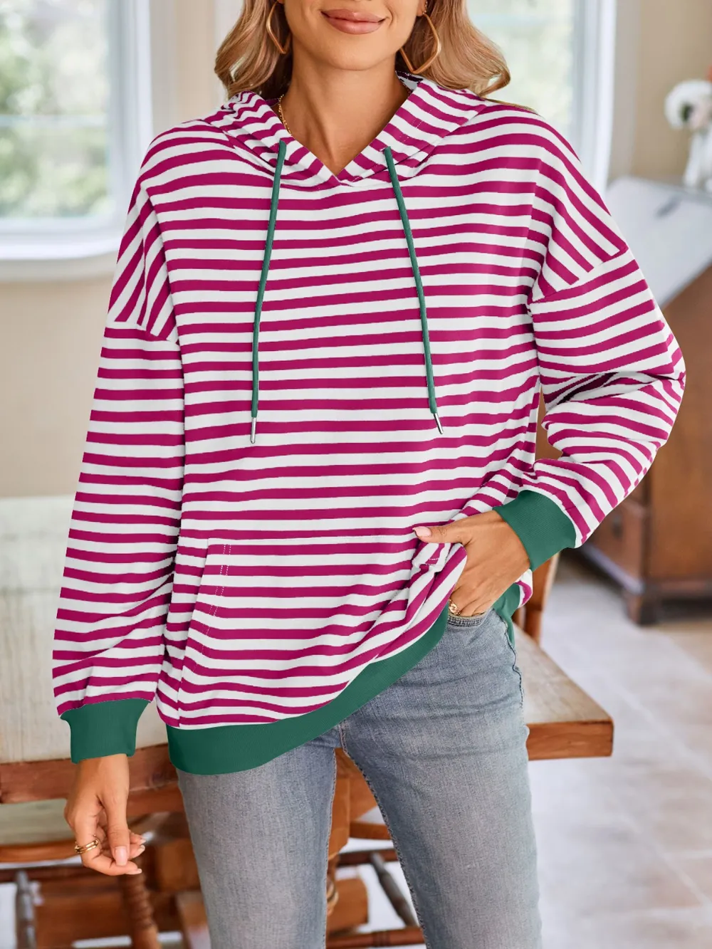 Drawstring Striped Long Sleeve Hoodie, image 33